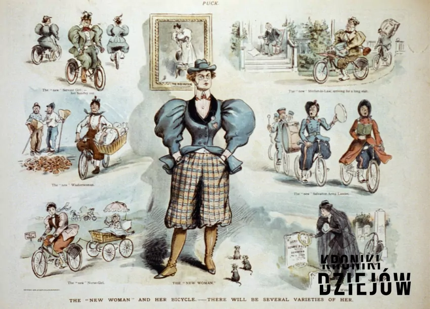 Nowa kobieta, rowerzystka i emancypantka była wyśmiewana jako zbyt męska i nezależna (domena publiczna, autor: Frederick Burr Opper) satyra na "nową kobietę" cyklistkę