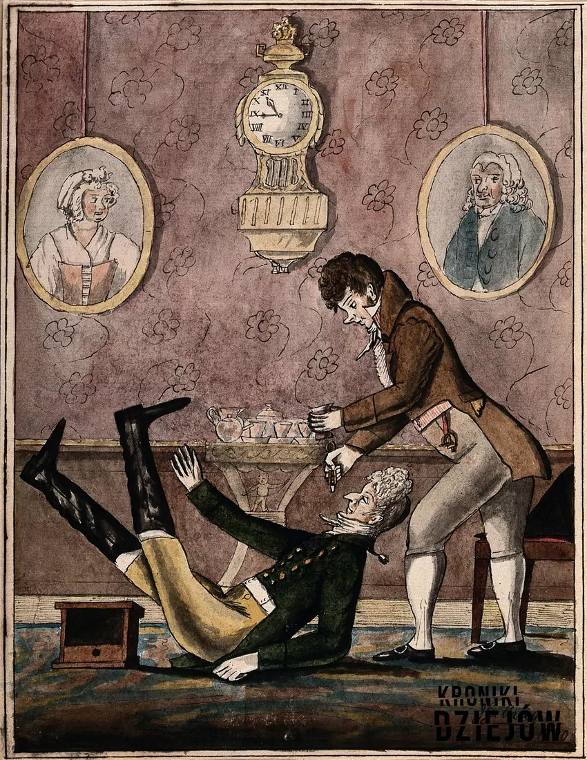 "Zamożny pacjent przewracający się z powodu zbyt energicznego wyrwania zęba przez modnego dentystę", karykatura Jamesa Gillraya (ok. 1790)