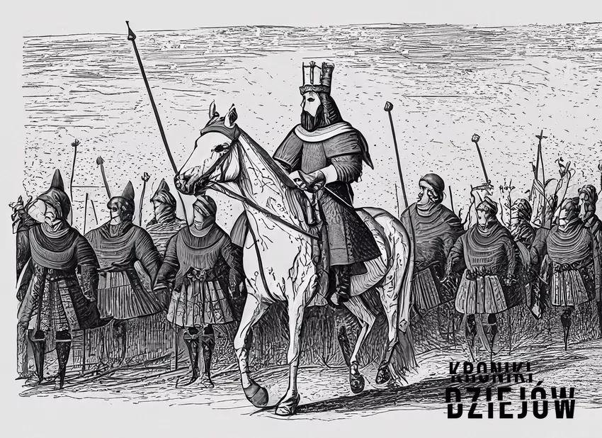 Rysunek wyobrażający króla prowadzącego wojsko do walki