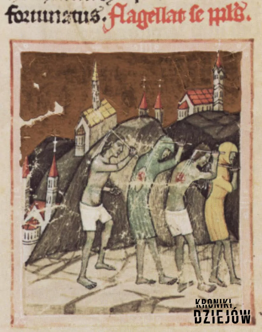 Biczownicy na Węgrzech - ilustracja z węgierskiej "Kroniki Ilustrowanej" (ok. 1360), fot. domena publiczna/Wikipedia Biczownicy na Węgrzech - ilustracja z węgierskiej "Kroniki Ilustrowanej" (ok. 1360)