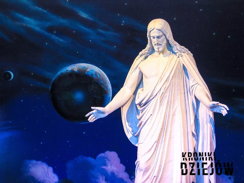 Kim są mormoni, jakie prawa obowiązują u społeczności mormonów i jaka jest ich liczebność na świecie, fot. domena publiczna Biały posąg Jezusa Chrystusa na tle granatowego nieba, po czym poznać, że ktoś jest mormonem, jakie zasady kierują mormonami, o czym jest Księga Mormona