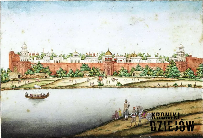 Widok na Czerwony Fort – siedzibę cesarzy. Rycina w poł. XIX wieku - fot. domena publiczna Mumtaz Mahal, żona cesarza i jej historia oraz wzniesienie jej grobowca i jego znaczenie