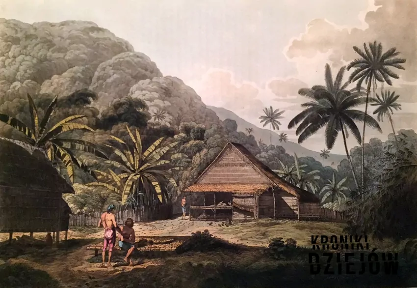 Rycina Johna Webbera przedstawiająca Krakatau i jej mieszkańców w 1780 roku, fot. domena publiczna Rycina Johna Webbera przedstawiająca Krakatau, 1780 rok