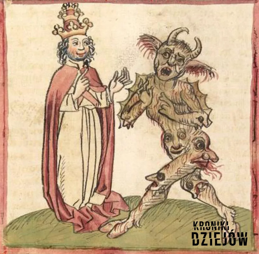 Papież Sylwester II i diabeł, miniatura z "Chronicon pontificum et imperatorum" Martinusa Oppaviensisa (około 1460)