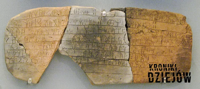 Gliniana tabliczna pochodząca z mykeńskiego pałacu Pylos, tabliczka zawiera informacje na temat dystrybucji skór zwierzęcych