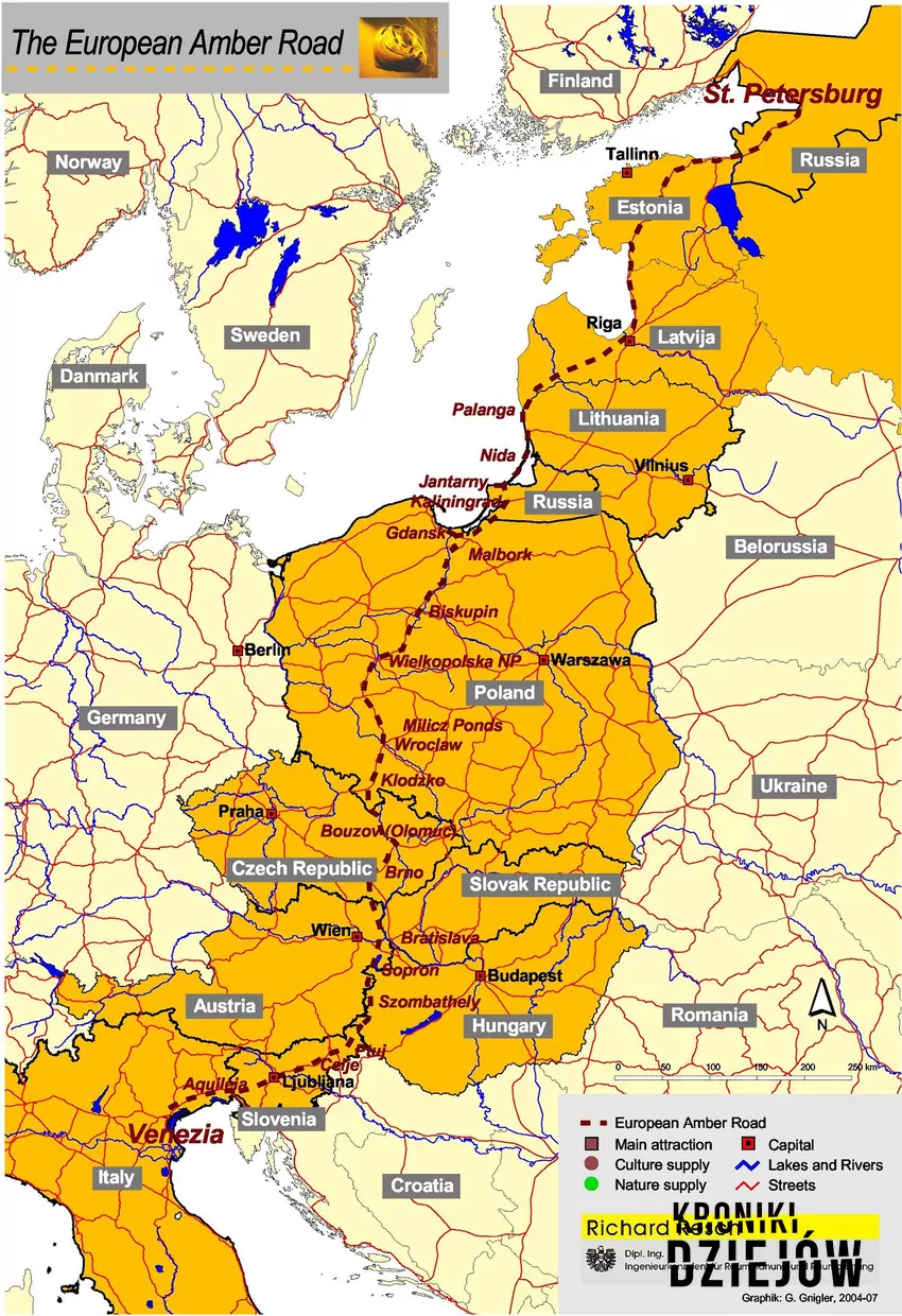 Prawdopodobny przebieg szlaku bursztynowego z granicami współczesnych państw