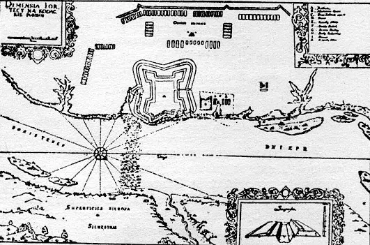 Obraz przedstawiający twierdzę Kudak, którą w 1635 roku zdobyli i zniszczyli Kozacy, fot. domena publiczna Obraz twierdzy zdobytej przez Kozaków, Plan twierdzy, powstanie kozackie pod wodzą Iwana Sulimy, ważne punkty walk kozaków