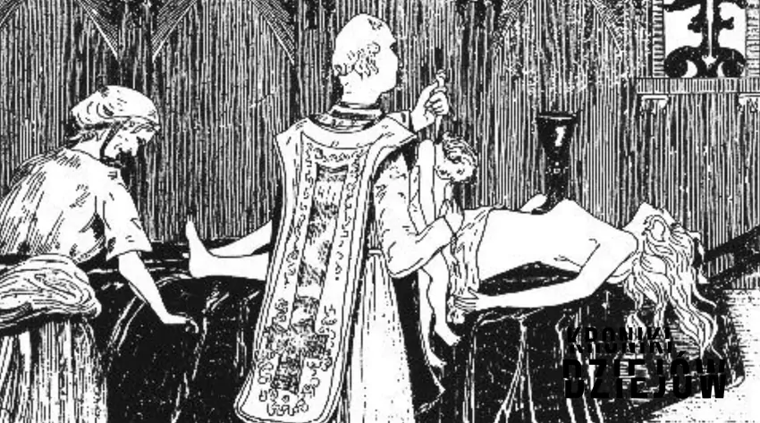 Ksiądz Etienne Guibourg podczas czarnej mszy z markizą de Montespan, rycina z "Le Satanisme et la Magie" J. Boisa (1903)