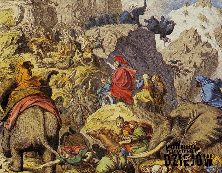 Hannibal przekracza Alpy w trakcie II wojny punickiej, ilustracja Heinricha Leutemanna, fot. domena publiczna/Wikipedia Hannibal przekracza Alpy w trakcie II wojny punickiej, ilustracja Heinricha Leutemanna