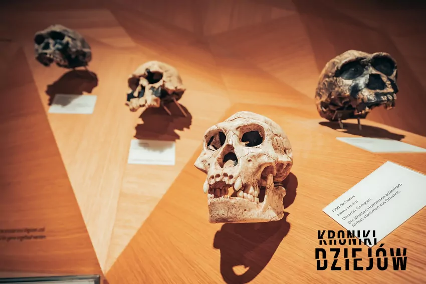 Rekonstrukcja czaszki z pozostałości kości i fragmentów prehistorycznych homo sapiens i neandertalczyków z epoki kamienia w muzeum w Dusseldorfie