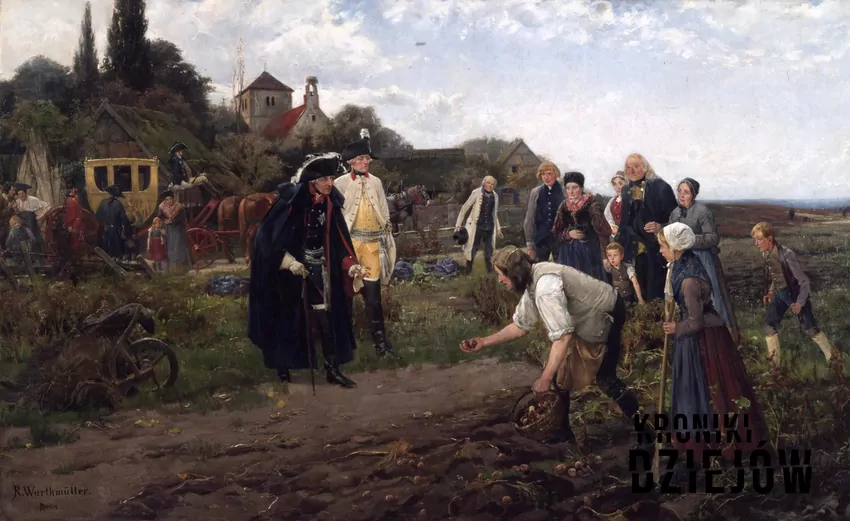 Król Prus Fryderyk wielki doglądający wczesnych zbiorów ziemniaka, obraz Roberta Warthmüllera (1886)