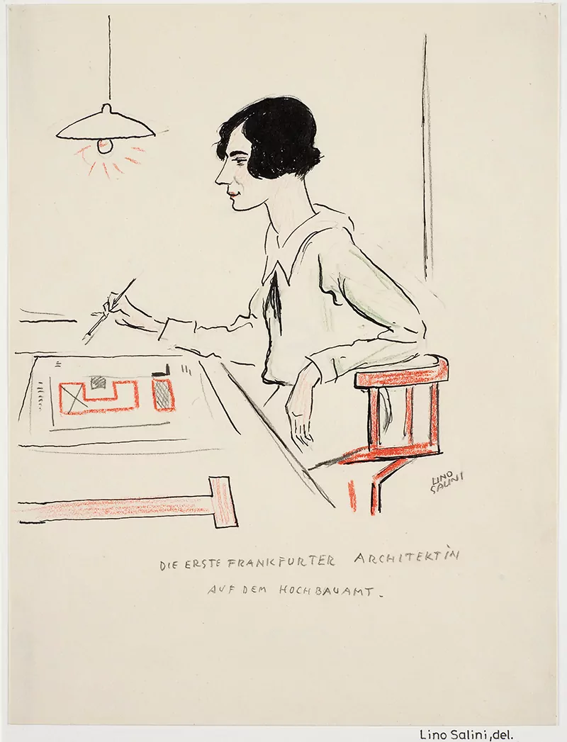 Portret przedstawiający pierwszą wiedeńską architektkę w 1927 roku (domena publiczna, autor: Lino Salini) rysunek portretowy Margarete Schutte-Lihotzky