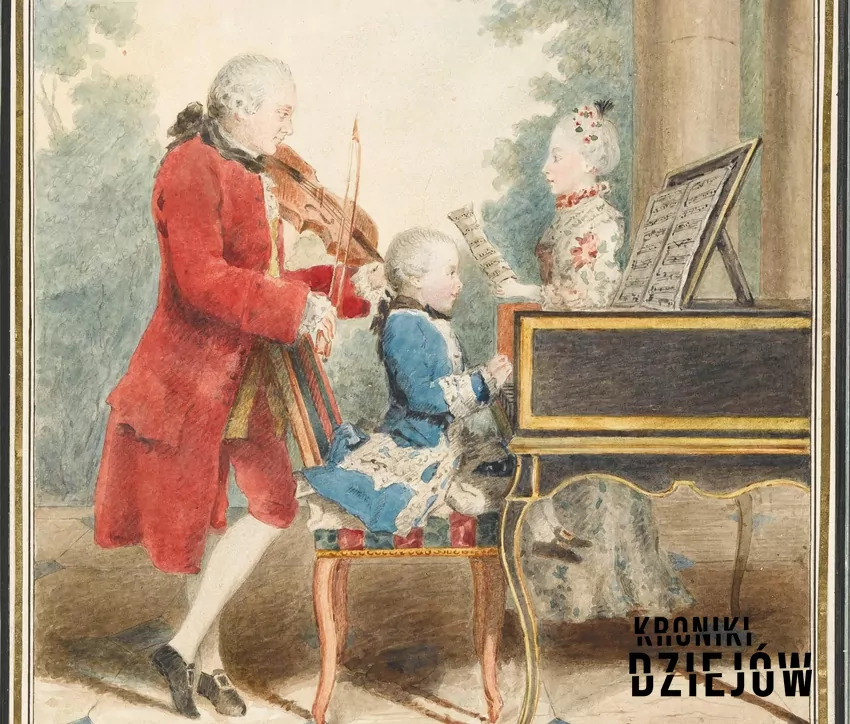 Rodzina Mozartów (Leopold, Wolfgang i Nannerl) na obrazie Louisa Carrogisa Carmontellego (ok. 1763)