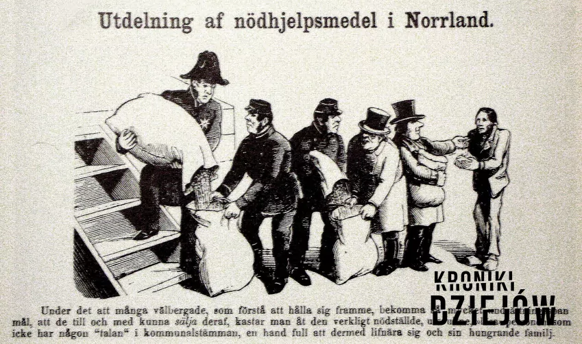 Gubernator, bogacz, głodujący – kolejność pomocy na karykaturze z okresu "wielkiego głodu" w Szwecji (1867)