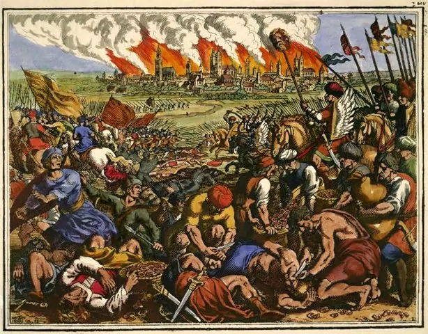 „Wielka klęska chrześcijan podbitych przez Tatarów” autorstwa Matthäusa Meriana Starszego, lic. domena publiczna Miedzioryt przedstawiający Bitwę pod Legnicą, wojska mongolskie oraz armia polska księcia Henryka II Pobożnego, krwawa średniowieczna bitwa na Śląsku