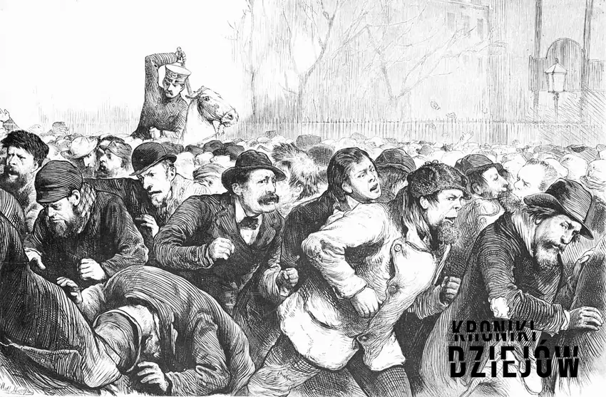 Policja atakuje protestujących robotników na Tompkins Square Park (1874). Protest jak wiele innych był wynikiem załamania gospodarki w 1873 roku - fot. domena publiczna Największe kryzysy bankowe w historii na całym świecie, czyli przyczyny i skutki kryzysów różnego rodzaju