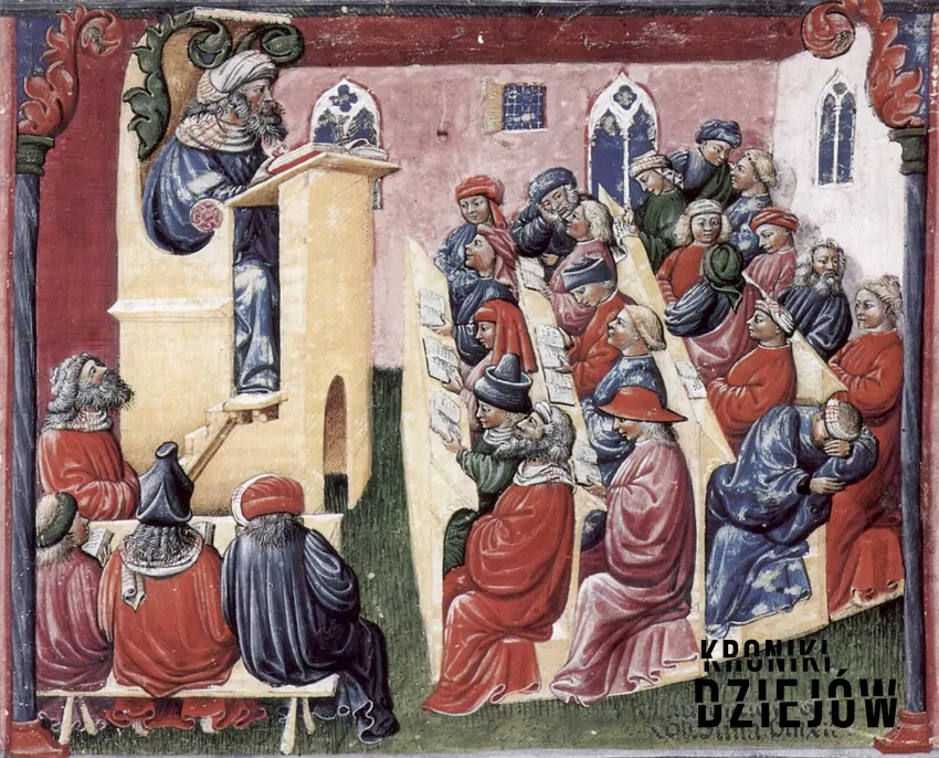 Średniowieczny specjalista od Arystotelesa - Henryk Niemiec nauczający studentów. Miniatura z manuskryptu Liber Ethicorum (domena publiczna; autor: Laurentius de Voltolina) ilustracja przedstawia nauczyciela i studentów na średniowiecznym uniwersytecie