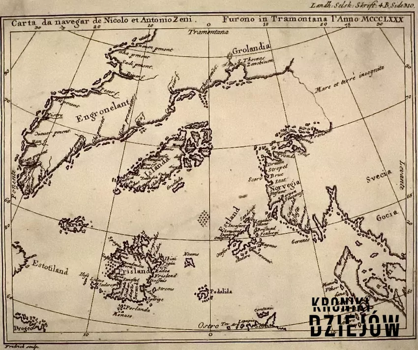 Mapa Zeno miała dowodzić odkrycia Ameryki przez Wenecjan na sto lat przed Kolumbem Mapa Zeno została wykonana w XVI wieku, przy czym pewne szczegóły zdradzają jej podróbkę