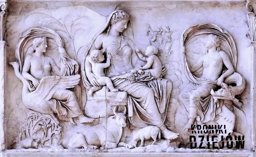 Rzymski relief z Ołtarza Pokoju przedstawiający karmione piersią niemowlęta pośród symboli płodności