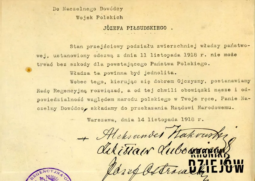 Odzyskanie niepodległości przez Polskę - droga, działania, sposób, wydarzenia, najważniejsze postaci - fot. domena publiczna Odzyskanie niepodległości nastąpiło 11.11.1918 r., a następnie władza została przekazana w ręce Piłsudskiego poprzez Akt Przekazania Władzy Rady Regencyjnej