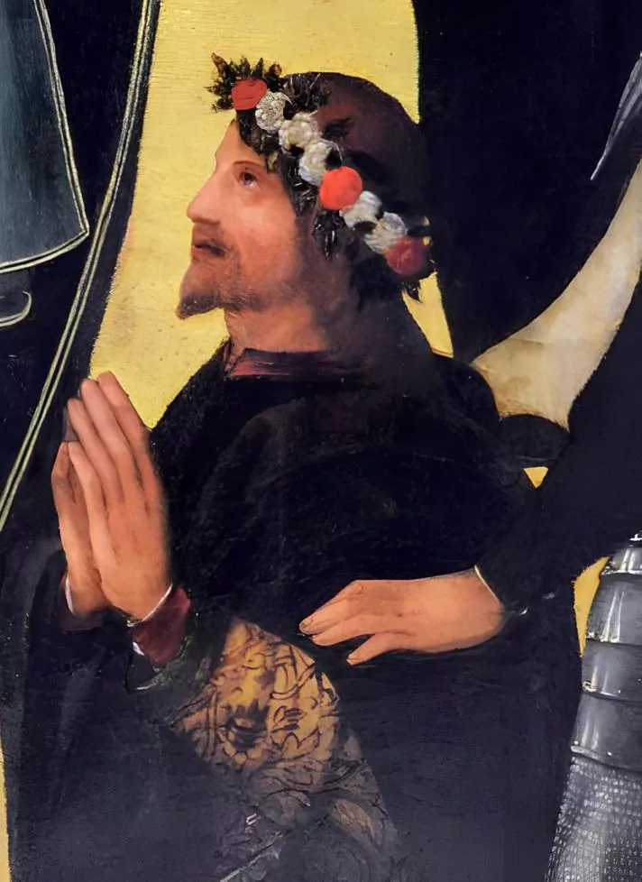 Prawdopodobny portret Juana Borgii w detalu obrazu Madonny Różańcowej Juan Borgia