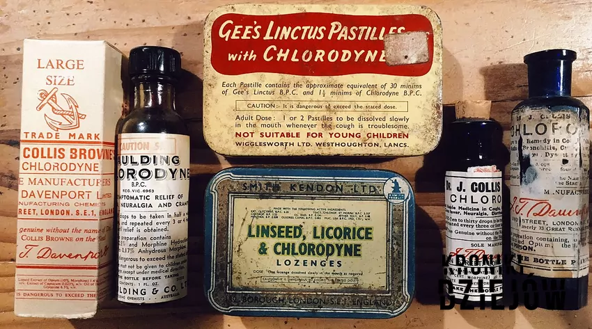 Lekarstwa zawierające opium, konopie indyjskie były podawane nawet dzieciom oraz kobietom w ciąży butelki chlorodyne