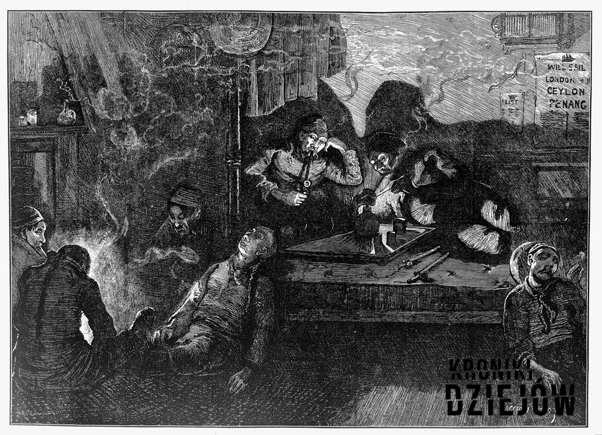Palarnia opium w dzielnicy East End w Londynie. The Illustrated London News (1874 rok) palarnia opium - rycina