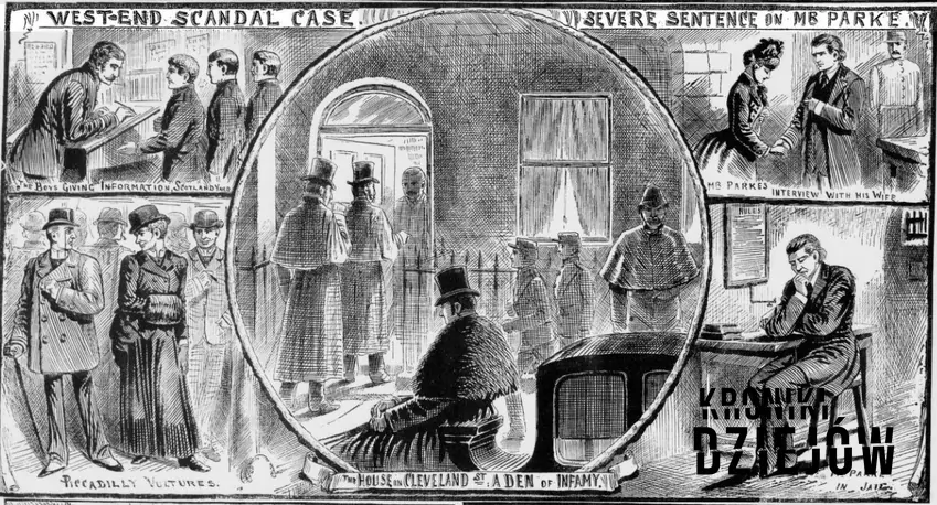 Ilustracja skandalu z Cleveland Street w policyjnej gazecie The Illustrated Police News ze stycznia 1890 roku, fot. domena publiczna ilustracje skandalu Cleveland Street