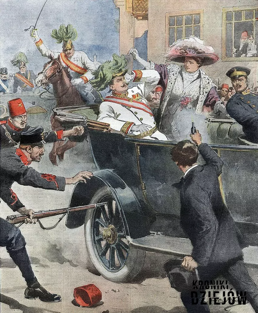 Gavrilo Princip strzela do pary książęcej, fot. Achille Beltrame/domena publiczna/wikipedia Zamach na arcyksięcia Ferdynanda
