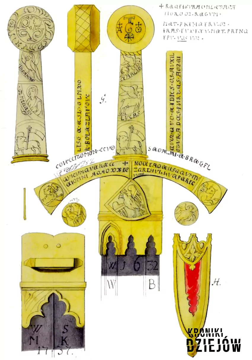 Szczerbiec, rękojeść, rysunek z 1764 Szczerbiec, rękojeść, rysunek z 1764