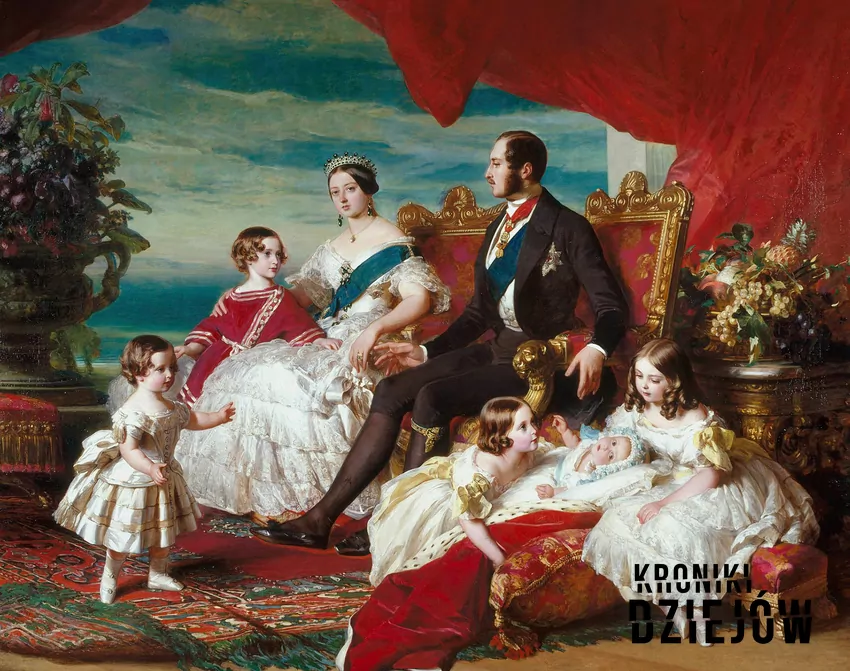 Rodzina Wiktorii w 1846 roku - od lewej: książę Alfred i książę Walii, królowa i książę Albert, księżniczki Alicja, Helena i Wiktoria