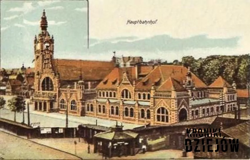 Gdańsk Główny (Hauptbahnhof) w trakcie budowy, na pierwszym planie drewniana zabudowa tymczasowej obsługi podróżnych, ok. 1900