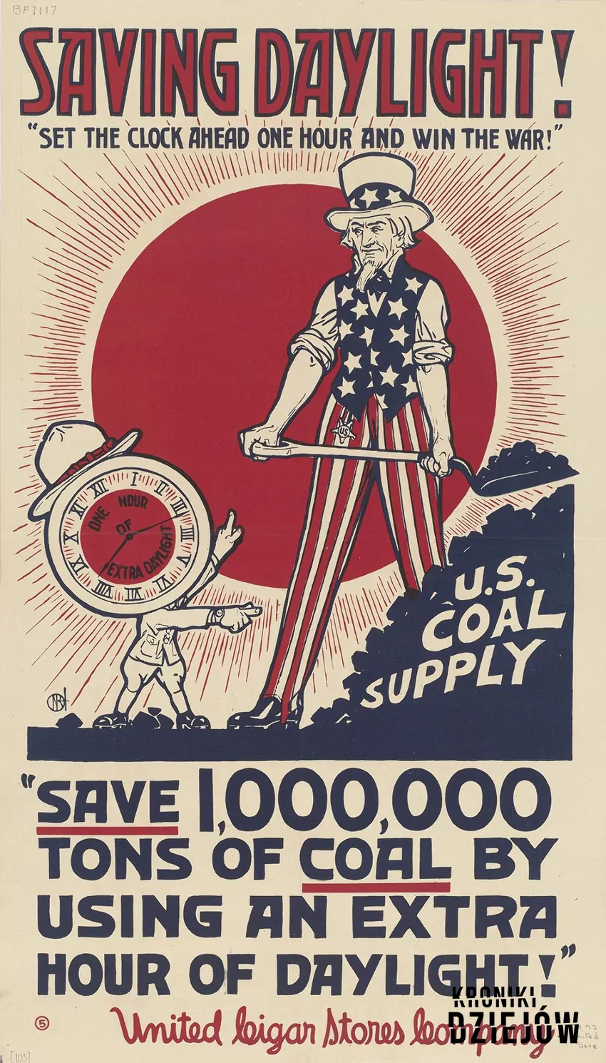 Plakat firmy United Cigar Stores dotyczący wprowadzenia czasu letniego w USA podczas I wojny światowej