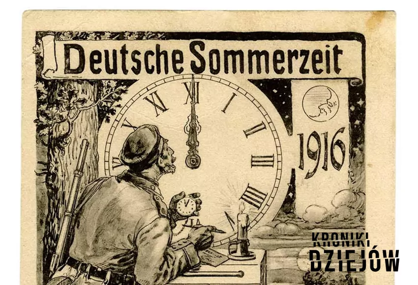 Pocztówka z okazji wprowadzenia czasu letniego w Niemczech 30 kwietnia 1916 r.