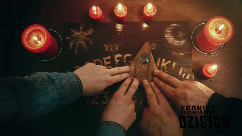 Tablica Ouija w czasie seansu spirytystycznego, a także zasady działania, zasady stosowania, informacje