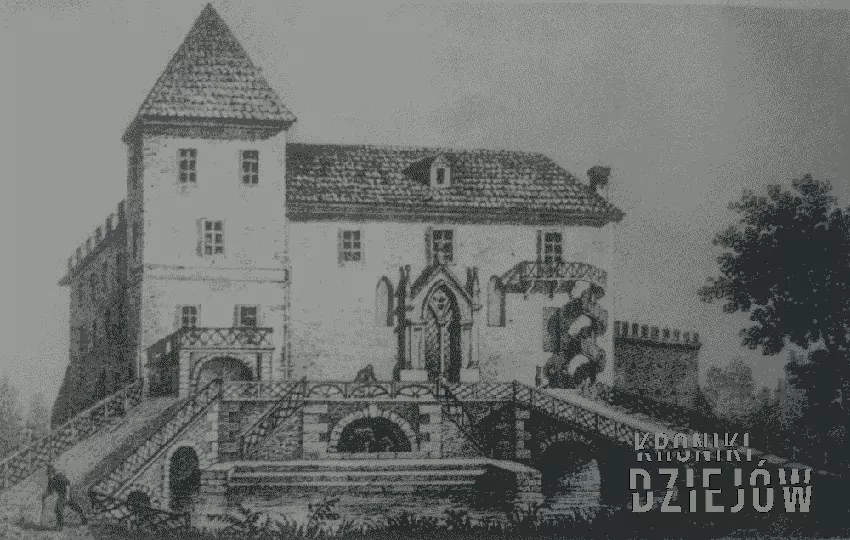 Wizerunek zamku z litografii Wincentego Kasprzyckiego (1844), aut.: Grażyna Kin-Majewska, 1998, wyd.: Muzeum w Oporowie Zamek w Oporowie na litografii Wincentego Kasprzyckiego (1844)