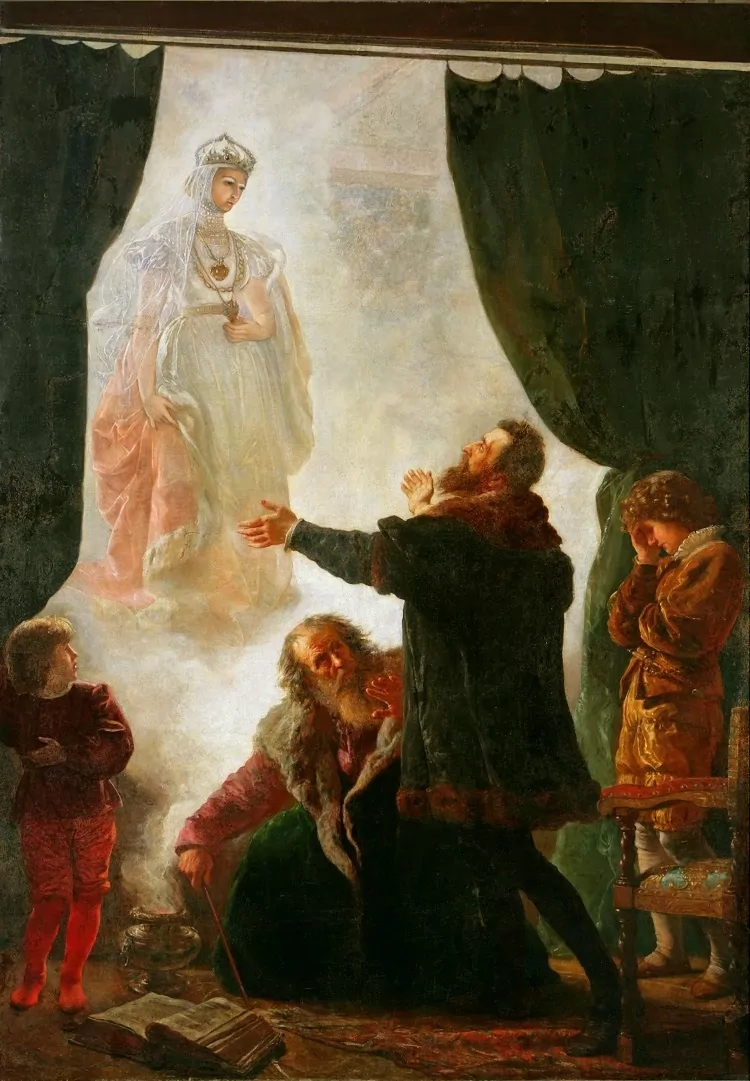 Obraz Wojciecha Gersona z 1886 roku "Zjawa Barbary Radziwiłłówny". Seans jest pokazany niemal jak religijne objawienie Wywołanie Ducha Barbary