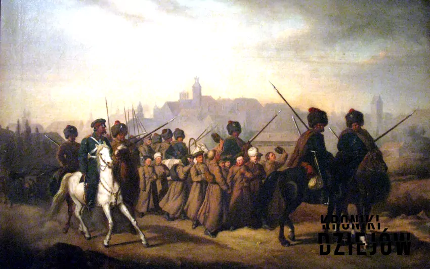 Branka, czyli wcielanie siłą do wojska carskiego polskich chłopów - przebieg, wydarzenia, skutki - fot. domena publiczna Branka to wcielanie siłą do wojska carskiego polskich młodych chłopców na 25 lat - obraz Aleksandra Sochaczewskiego