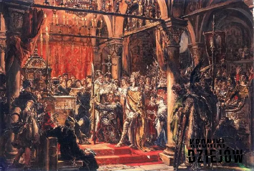 Wojna Bolesława Chrobrego z Niemcami krok po kroku, czyli data, przebieg, znaczenie dla historii Polski oraz wyprawy króla - fot. domena publiczna Koronacja Bolesława Chrobrego w wyobrażeniu Mieszka I, a także informacje o panowaniu króla, najważniejszych wyprawach i wojnie Chrobrego z Niemcami