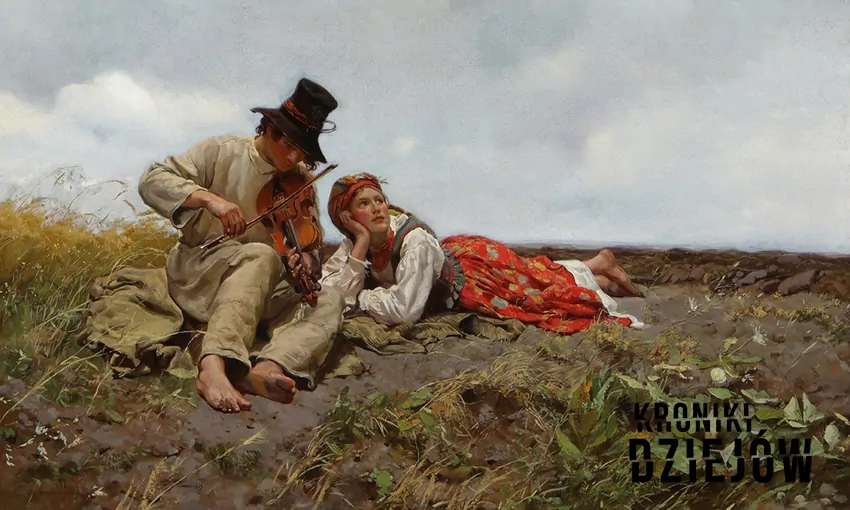 Grajek z dziewczyną (Sielanka), obraz Józefa Chełmońskiego (1885)