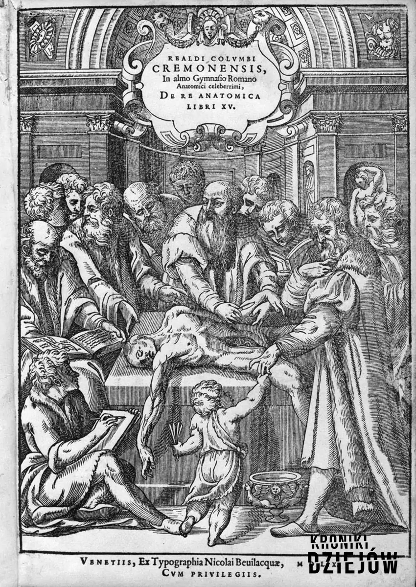 Sekcja zwłok na rycinie z pracy "De Re Anatomica" Realda Columba (1559)