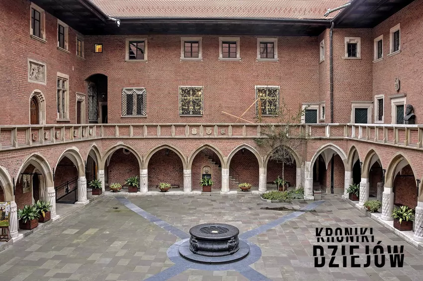 Dziedziniec Uniwersytetu Jagiellońskiego ze studnią, a także dokładna historia Uniwersytetu Jagiellońskiego, założenie, daty i absolwenci