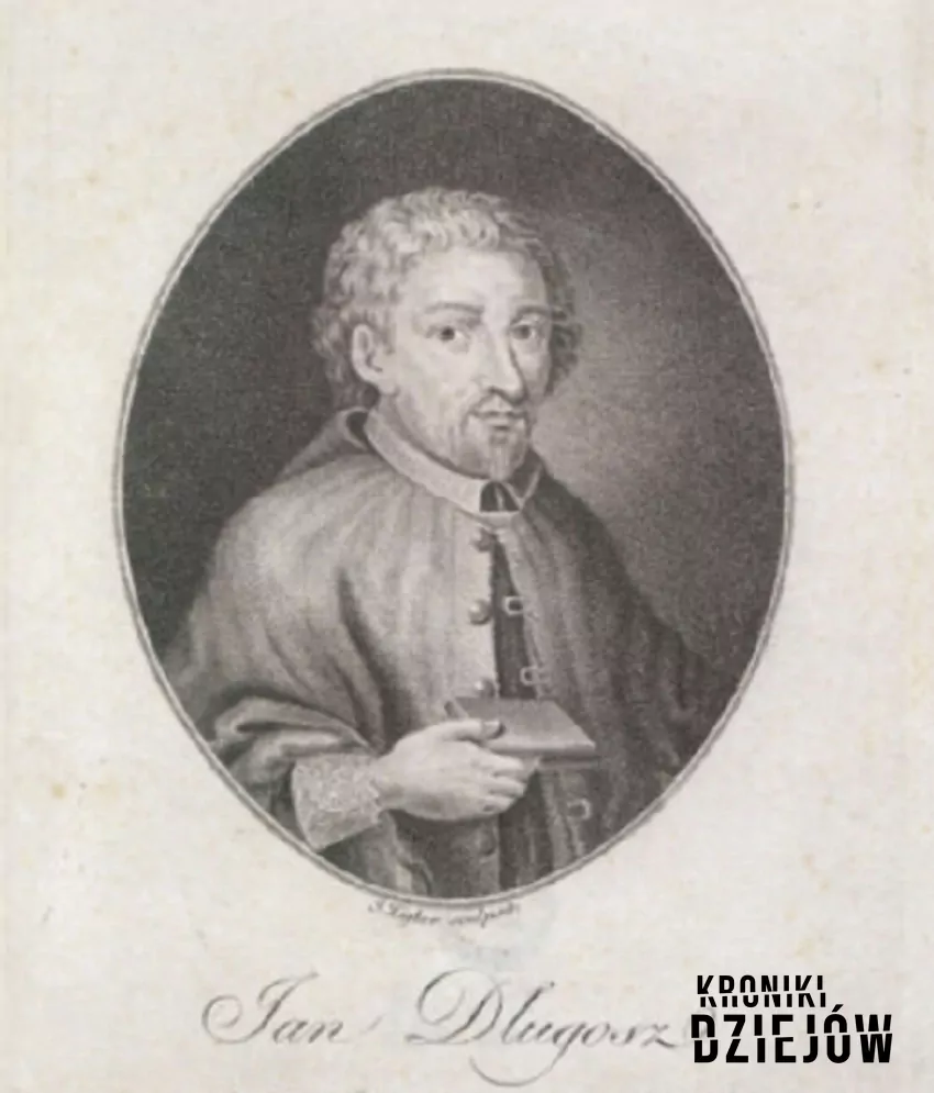 Jan Długosz na rycinie z XV wieku, a także życiorys pisarza, twórczość oraz pochodzenie i działalność
