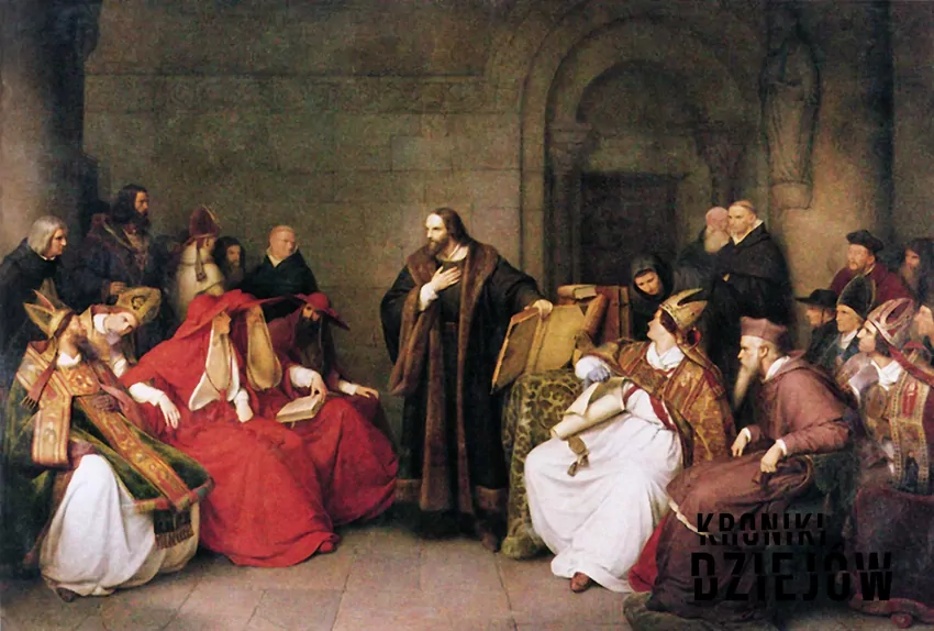 Jan Hus przesłuchiwany na soborze w Konstancji, obraz K. F. Lessinga z 1842 roku - fot. domena publiczna Sobór w Konstancji krok po kroku, czyli data, strony, cele, postanowienia, przesłuchanie Jana Husa oraz wpływ Soboru na Polskę