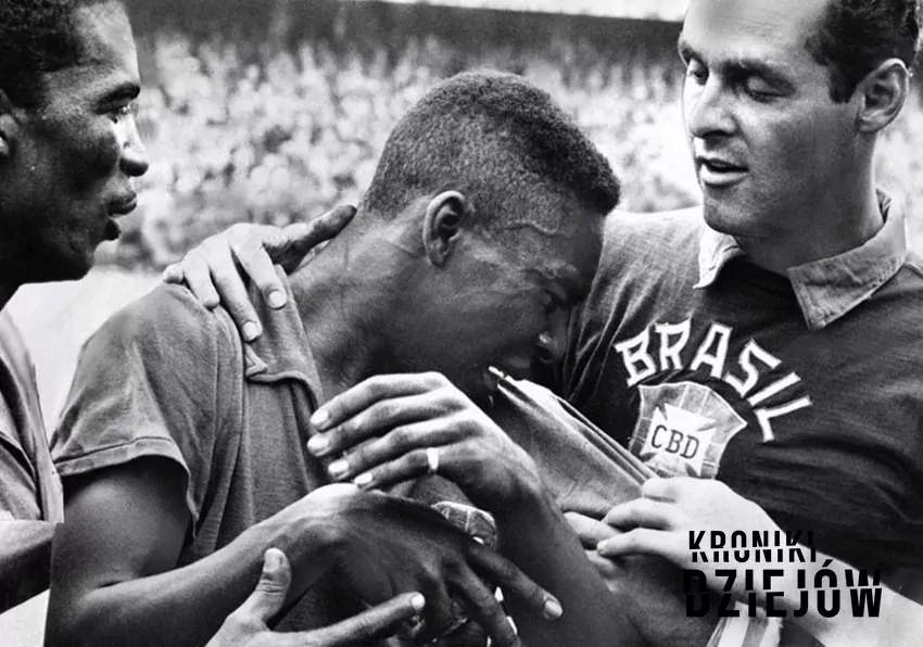 Nastoletni Pele płaczący podczas finałów Mistrzostw Świata w 1958 roku w Brazylii, a także jego kariera, osiagnięcia i rekordy