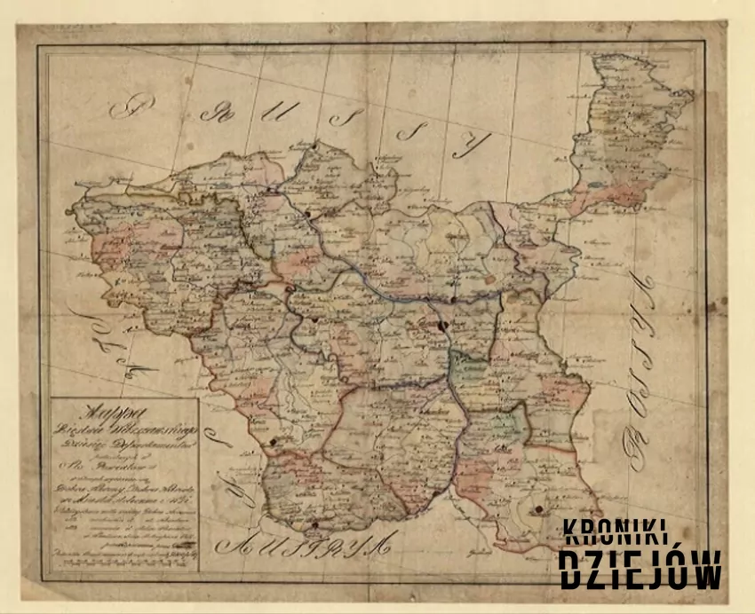 Mapa Księstwa Warszawskiego na rycinie z zaznaczonym podziałem administracyjnym, oraz armia i ustrój państwa