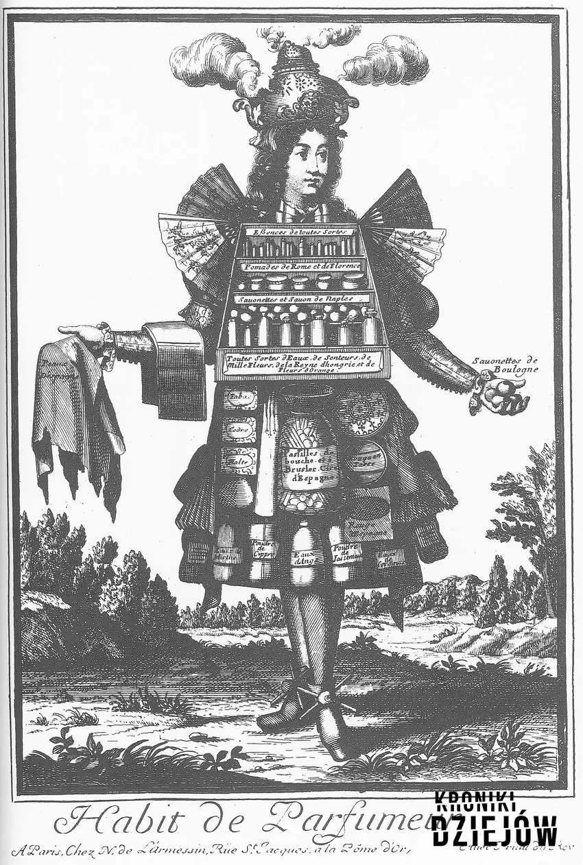 Perfumiarz ze szkatułką opisaną jako "woda królowej Węgier" (1695), fot. domena publiczna/Wikipedia Perfumiarz ze szkatułką opisaną jako "woda królowej Węgier" (1695)