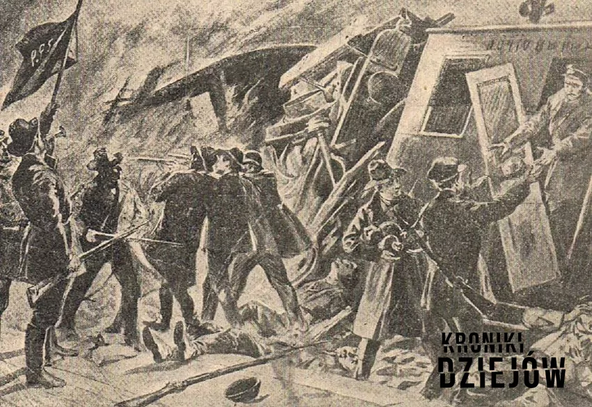 Ilustracja przedstawiająca akcję pod Rogowem w 1906 roku. W akcji tej brało udział dwa razy więcej uczestników, a jednak nie była tak udana jak akcja pod Bezdanami - fot. domena publiczna Akcja pod Bazdanami krok po kroku, czyli przebieg, znaczenie, skutki i przyczyny oraz daty