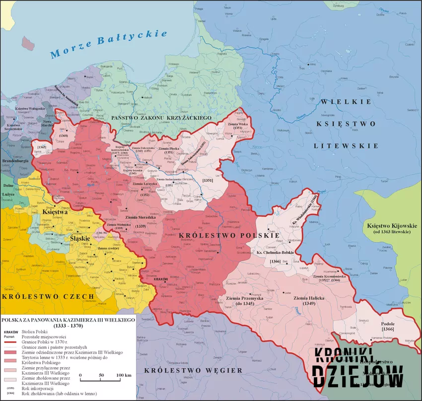 Polska za Kazmierza Wielkiego oraz rozwój terytorium, miast i wsi, a także zmiany w prawie - fot. Poznaniak licencja CC BY-SA 3.0 Polska za Kazimierza Wielkiego 1333-1370 r. - granice, zdobyte terytorium, nowo założone miasta