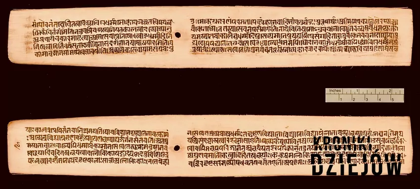 Fragment tekstu Kamasutry w sanskrycie sporządzonego na liściach palmowych